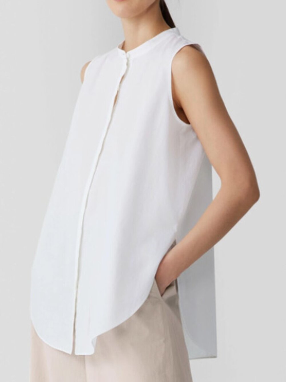 Eileen Fisher White Sleeveless Organic Cotton Petite L Mandarin Collar Lagenlook
